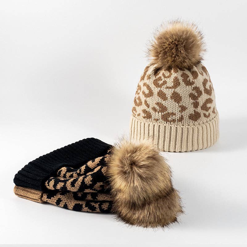 Leopard Print Warm Knit Pom Beanie DPKB0209