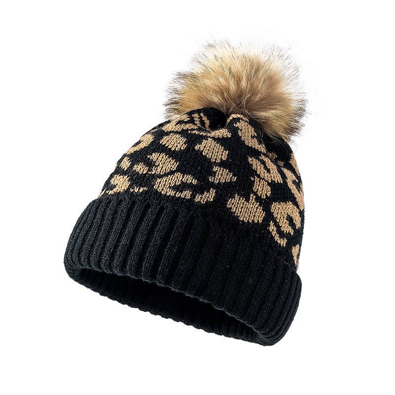 Leopard Print Warm Knit Pom Beanie DPKB0209
