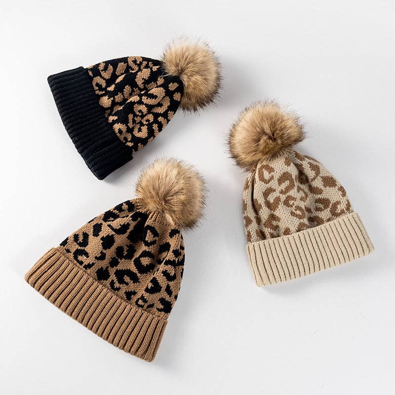 Leopard Print Warm Knit Pom Beanie DPKB0209
