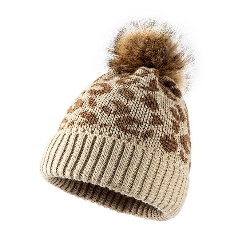 Leopard Print Warm Knit Pom Beanie DPKB0209